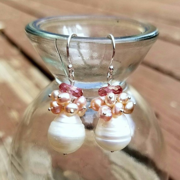 SOLDNatural Pearl & Pink Topaz Dangle Earrings 925 - Picture 3 of 4